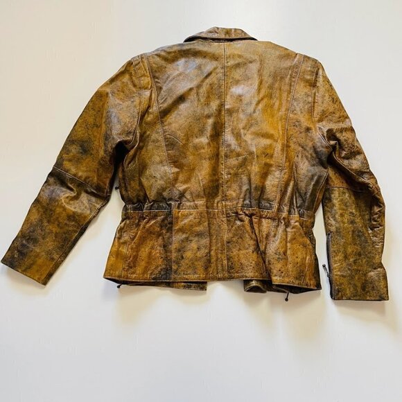 Vintage 100% Leather Tan Brown Moto Bomber Zipper Biker Distressed Pockets Mediu - Picture 8 of 13